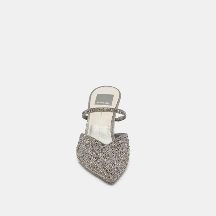 Dolce Vita Kanika Crystal Heels Gunmetal Fabric Women Mules and Clogs