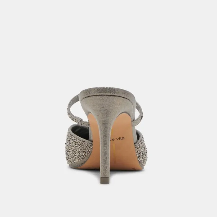 Dolce Vita Kanika Crystal Heels Gunmetal Fabric Women Mules and Clogs