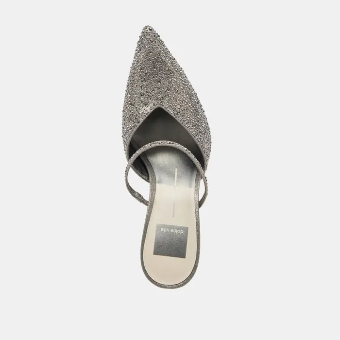 Dolce Vita Kanika Crystal Heels Gunmetal Fabric Women Mules and Clogs