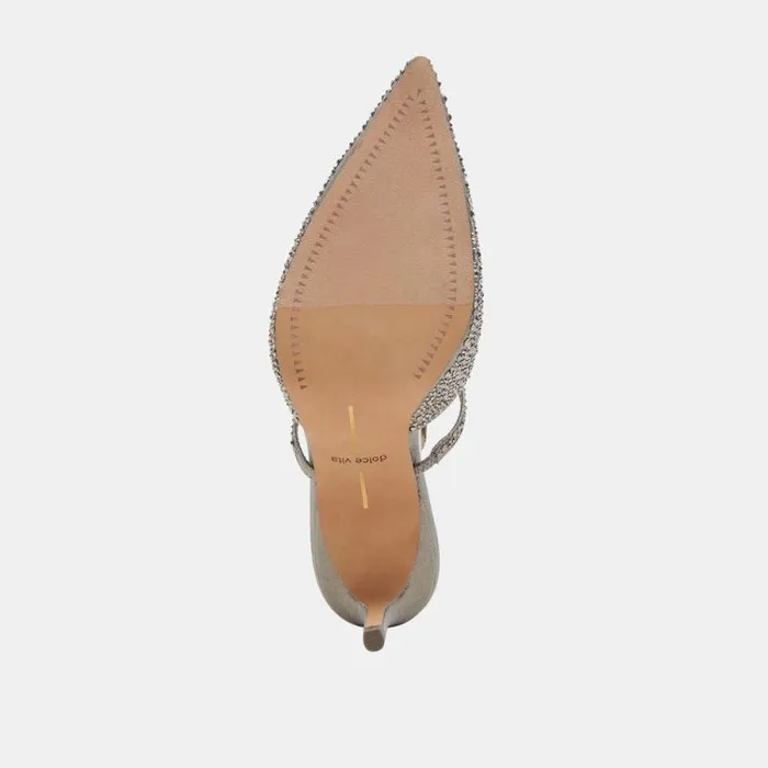 Dolce Vita Kanika Crystal Heels Gunmetal Fabric Women Mules and Clogs