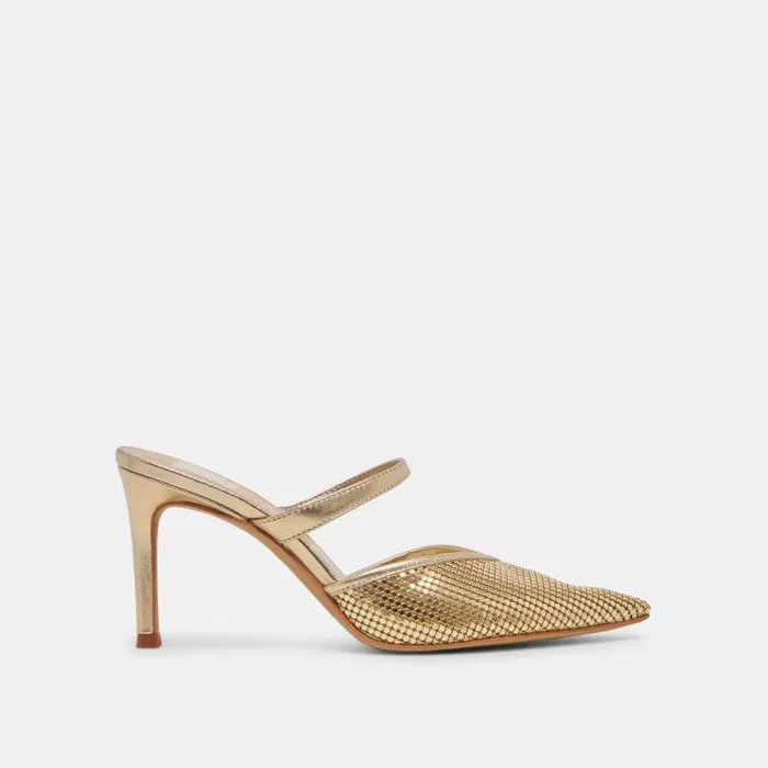 Dolce Vita Kanika Mesh Heels Gold Metallic Mesh Women Mules and Clogs