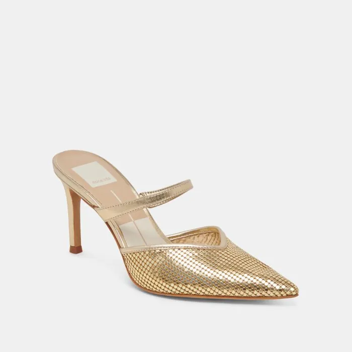 Dolce Vita Kanika Mesh Heels Gold Metallic Mesh Women Mules and Clogs