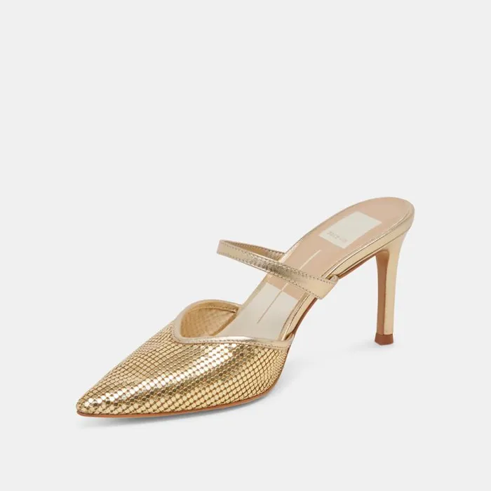Dolce Vita Kanika Mesh Heels Gold Metallic Mesh Women Mules and Clogs
