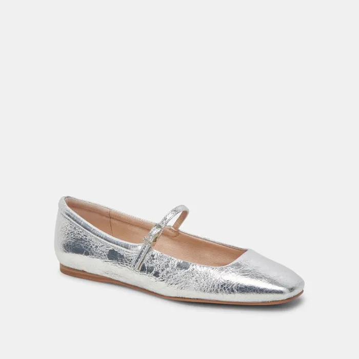 Dolce Vita Reyes Wide Ballet Flats Silver Distressed Leather Women Flats and Loafers