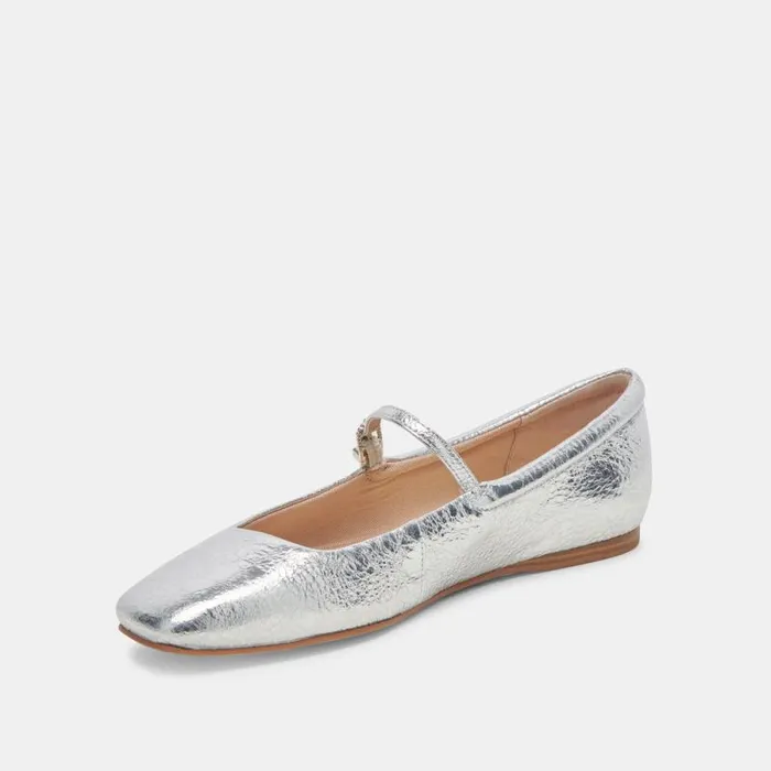 Dolce Vita Reyes Wide Ballet Flats Silver Distressed Leather Women Flats and Loafers