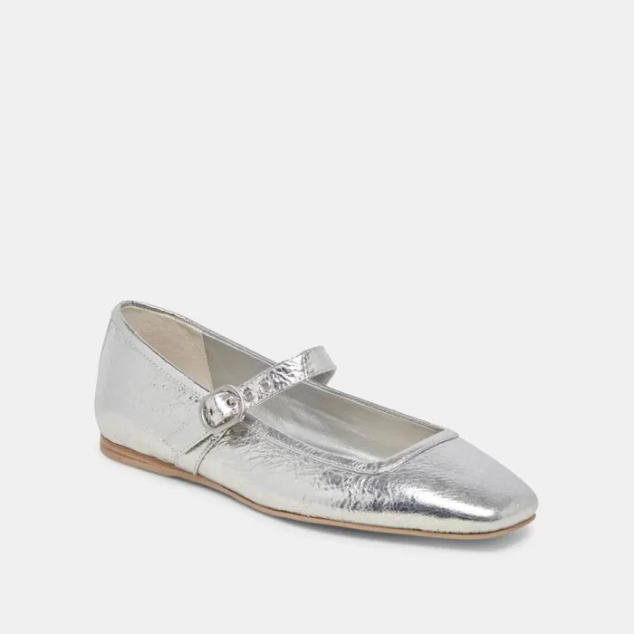 Dolce Vita Rodni Ballet Flats Silver Distressed Leather Women Flats and Loafers