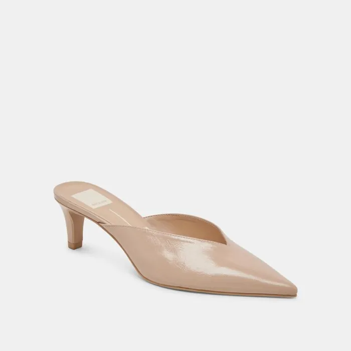 Dolce Vita Sarina Heels Beige Crinkle Patent Women Mules and Clogs