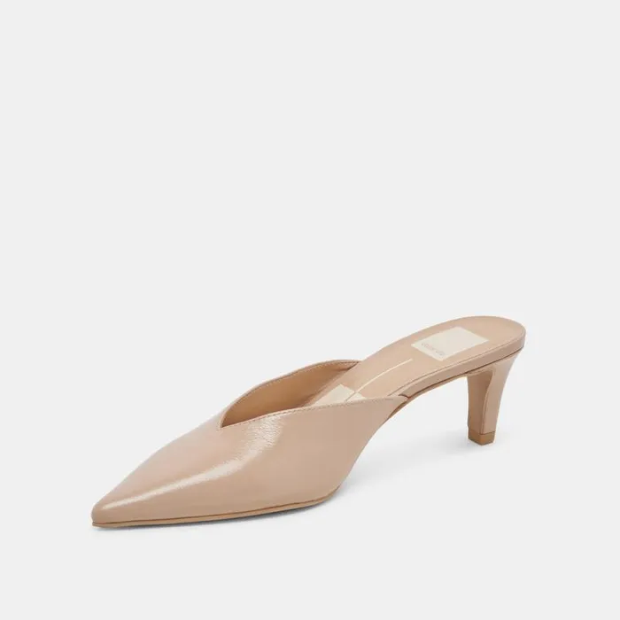 Dolce Vita Sarina Heels Beige Crinkle Patent Women Mules and Clogs