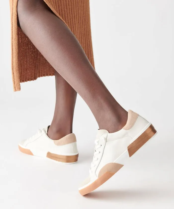 Dolce Vita Zina Wide Sneakers White Tan Leather Women Sneakers