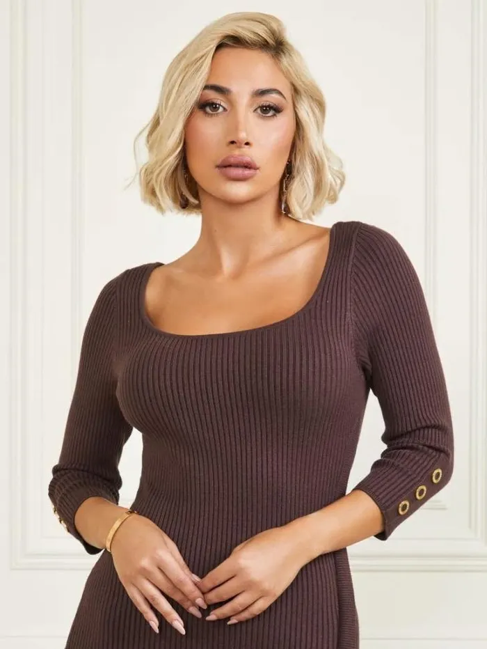 Dresses Women Marciano Eco Flora Ribbed Sweater Dress Dark Bourbon Dresses Women Marciano Eco Flora Ribbed Sweater Dress Dark Bourbon