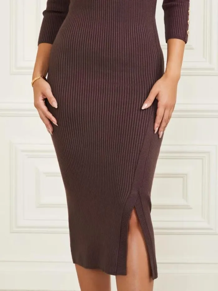 Dresses Women Marciano Eco Flora Ribbed Sweater Dress Dark Bourbon Dresses Women Marciano Eco Flora Ribbed Sweater Dress Dark Bourbon