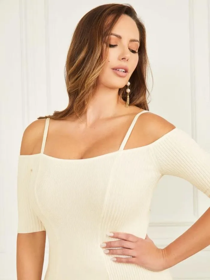 Dresses Women Marciano Tessa ColdShoulder Sweater Dress Sandy Shore Dresses Women Marciano Tessa ColdShoulder Sweater Dress Sandy Shore