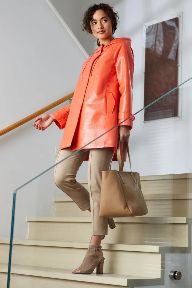 Elie Tahari Coats Pebbled Patent Raincoat Tangerine 8211 Women