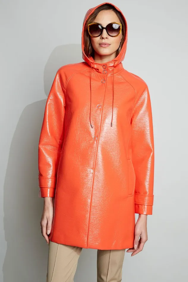 Elie Tahari Coats Pebbled Patent Raincoat Tangerine 8211 Women