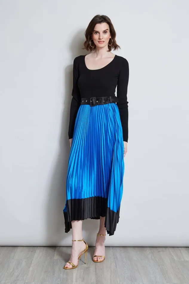 Elie Tahari Dresses and Jumpsuits Pleated Belted Dress Blue Ivynoir 8211 Women
