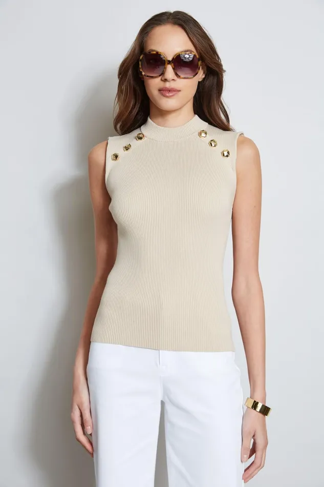 Elie Tahari Knits and Sweaters Crest Button Mock Neck Sweater Sand 8211 Women