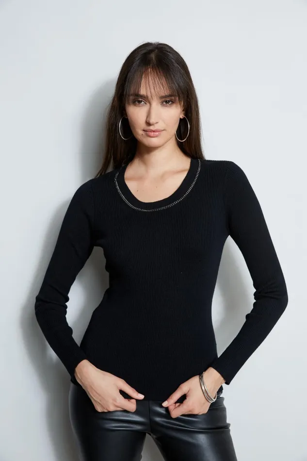 Elie Tahari Knits and Sweaters Merino Rib Chain Detail Sweater Black 8211 Women Elie Tahari Knits and Sweaters Merino Rib Chain Detail Sweater Black 8211 Women