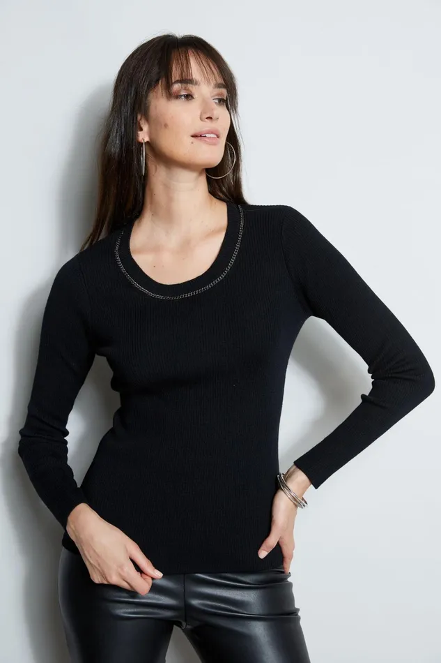 Elie Tahari Knits and Sweaters Merino Rib Chain Detail Sweater Black 8211 Women