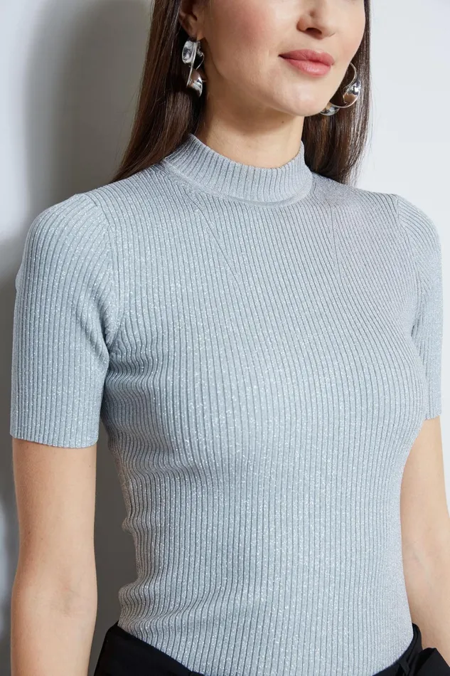 Elie Tahari Knits and Sweaters Metallic Mock Neck Sweater Silver Metallic 8211 Women