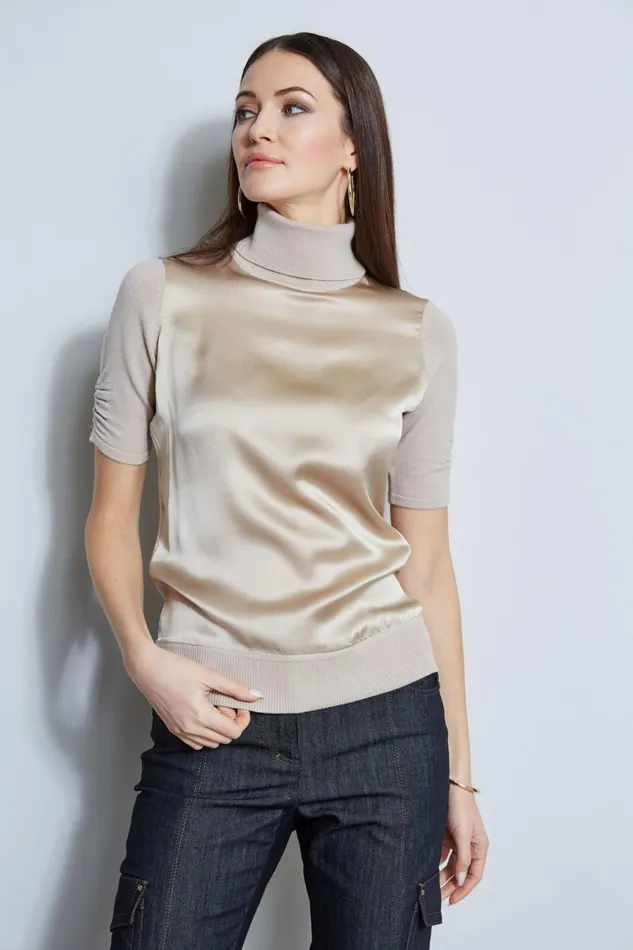 Elie Tahari Knits and Sweaters Short Sleeve Satin Front Sweater Driftwood 8211 Women Elie Tahari Knits and Sweaters Short Sleeve Satin Front Sweater Driftwood 8211 Women