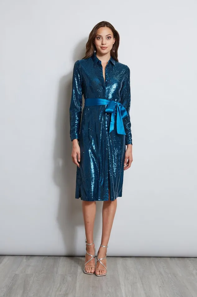Elie Tahari Long Sleeve Dresses Sequin Shirt Dress Teal 8211 Women