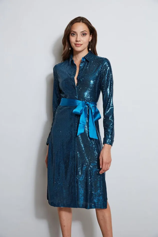 Elie Tahari Long Sleeve Dresses Sequin Shirt Dress Teal 8211 Women