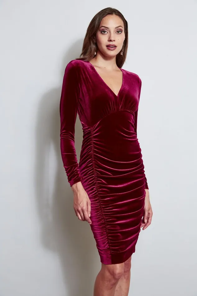 Elie Tahari Short Dresses VNeck Ruched Velvet Dress Bordeaux 8211 Women