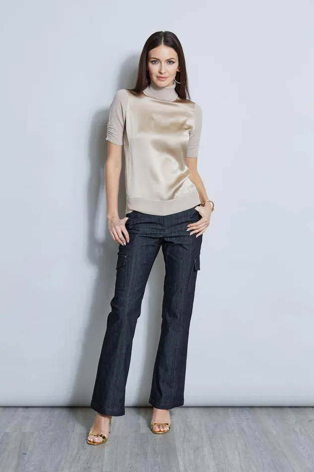 Elie Tahari Suiting Short Sleeve Satin Front Sweater Driftwood 8211 Women