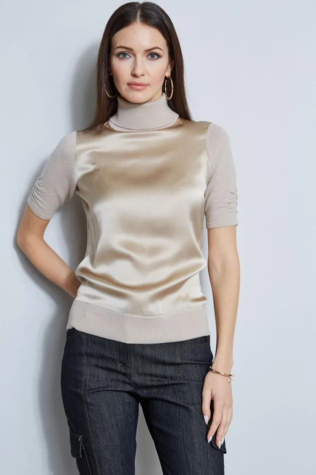 Elie Tahari Suiting Short Sleeve Satin Front Sweater Driftwood 8211 Women