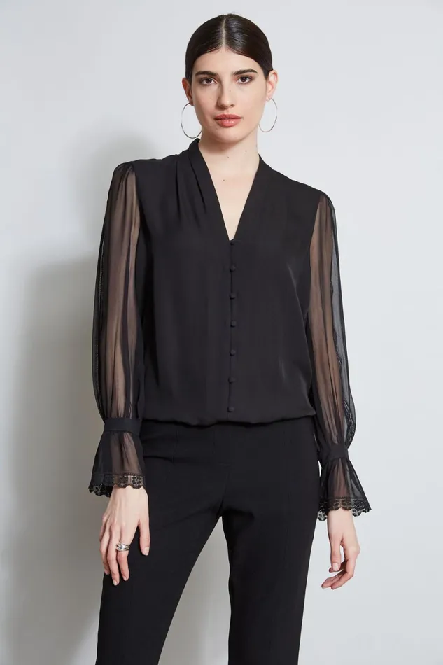 Elie Tahari Tops Embroidered Sleeve Blouson Shirt Black 8211 Women