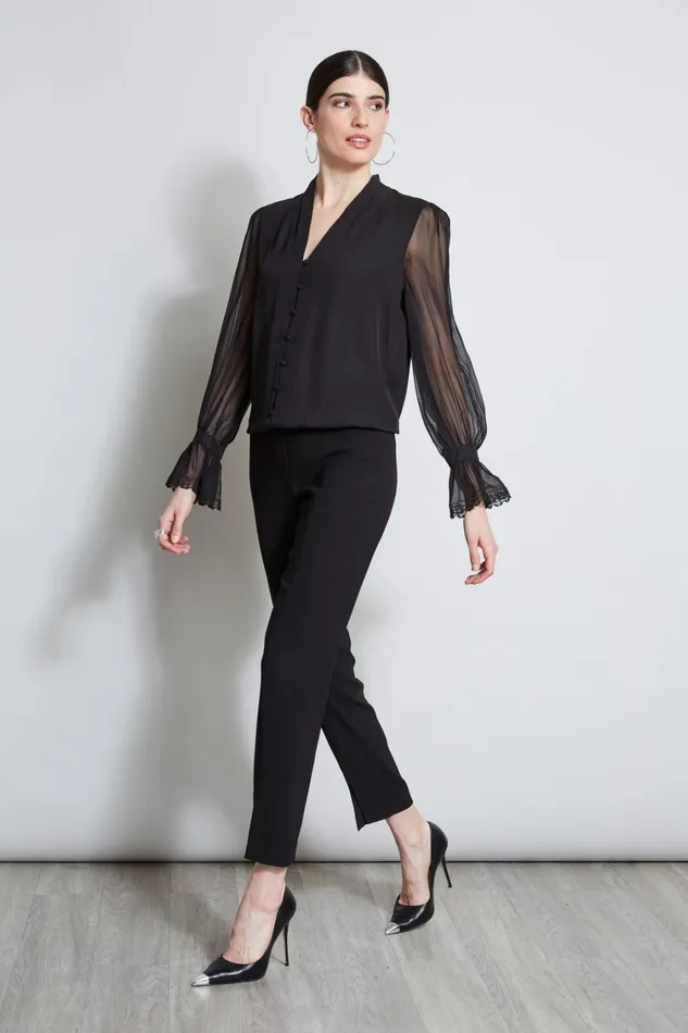 Elie Tahari Tops Embroidered Sleeve Blouson Shirt Black 8211 Women