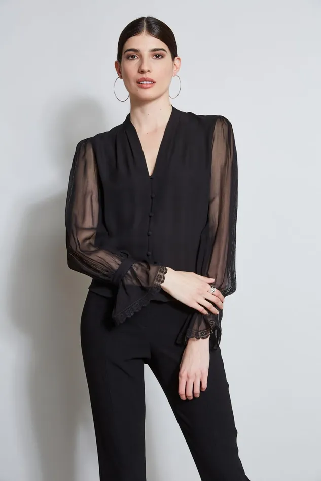 Elie Tahari Tops Embroidered Sleeve Blouson Shirt Black 8211 Women