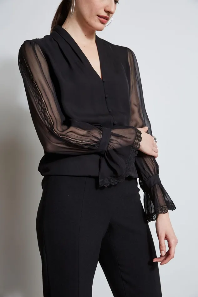 Elie Tahari Tops Embroidered Sleeve Blouson Shirt Black 8211 Women