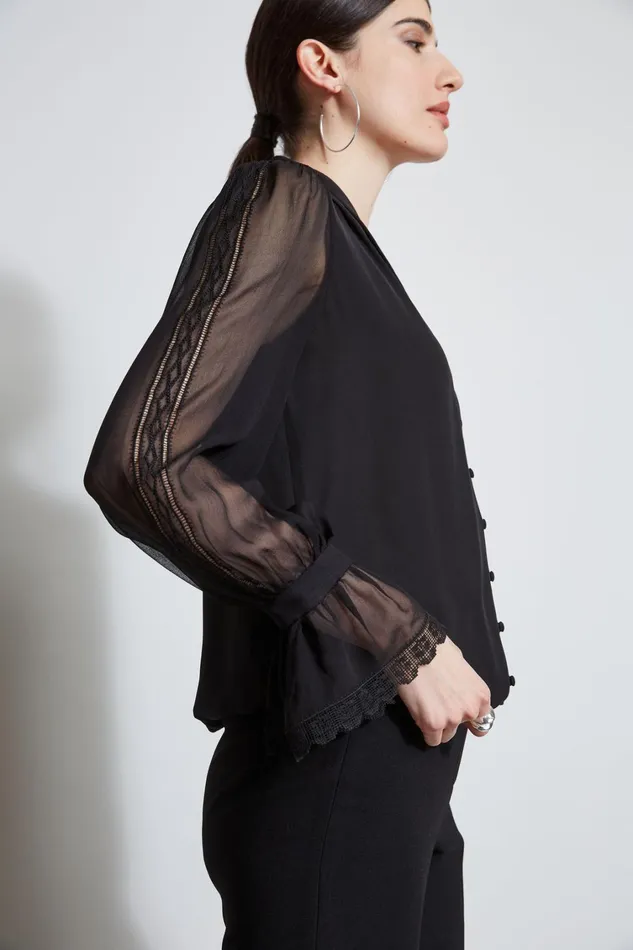 Elie Tahari Tops Embroidered Sleeve Blouson Shirt Black 8211 Women