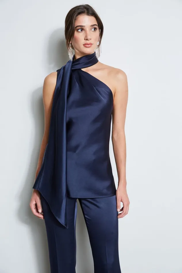 Elie Tahari Tops Satin One Shoulder Scarf Top Midnight 8211 Women