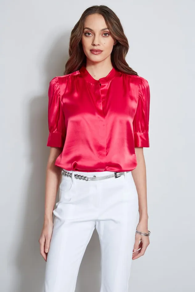 Elie Tahari Tops Silk Satin Ruched Sleeve Shirt Wild Strawberry 8211 Women