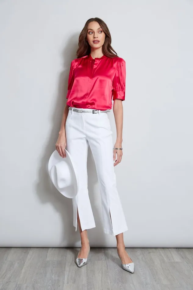 Elie Tahari Tops Silk Satin Ruched Sleeve Shirt Wild Strawberry 8211 Women