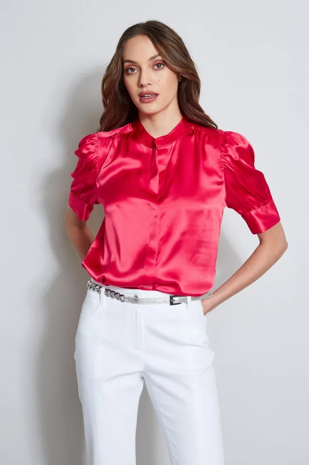 Elie Tahari Tops Silk Satin Ruched Sleeve Shirt Wild Strawberry 8211 Women