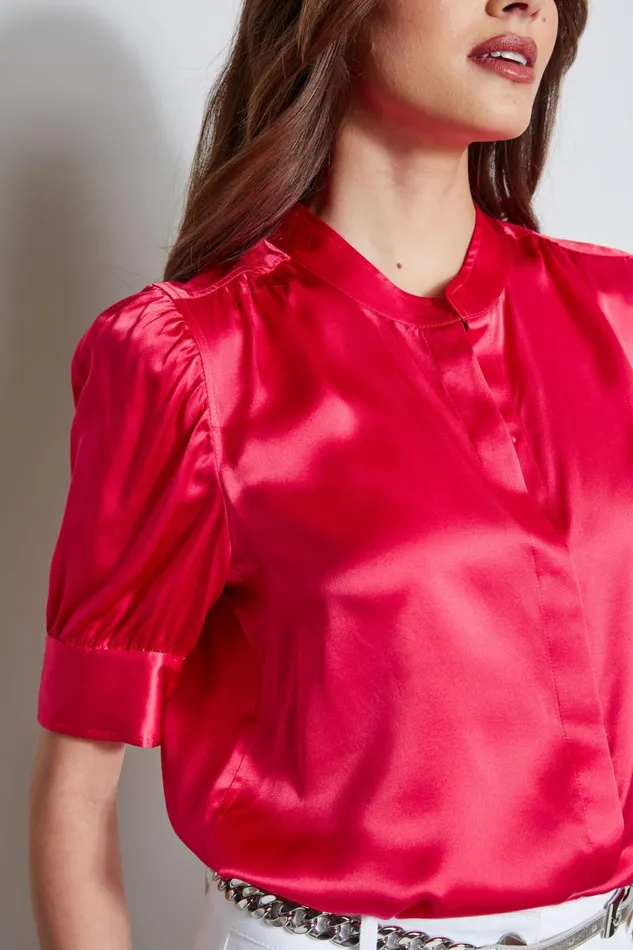 Elie Tahari Tops Silk Satin Ruched Sleeve Shirt Wild Strawberry 8211 Women