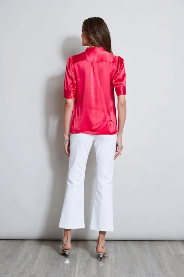 Elie Tahari Tops Silk Satin Ruched Sleeve Shirt Wild Strawberry 8211 Women
