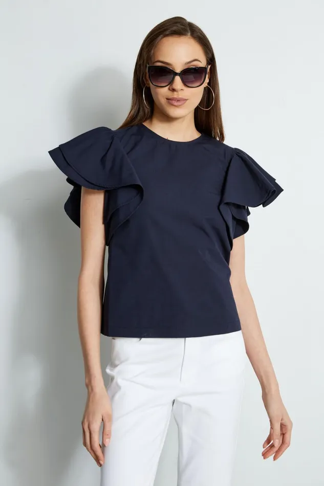 Elie Tahari Tops Tiered Flutter Sleeve Cotton Shirt Peacoat 8211 Women