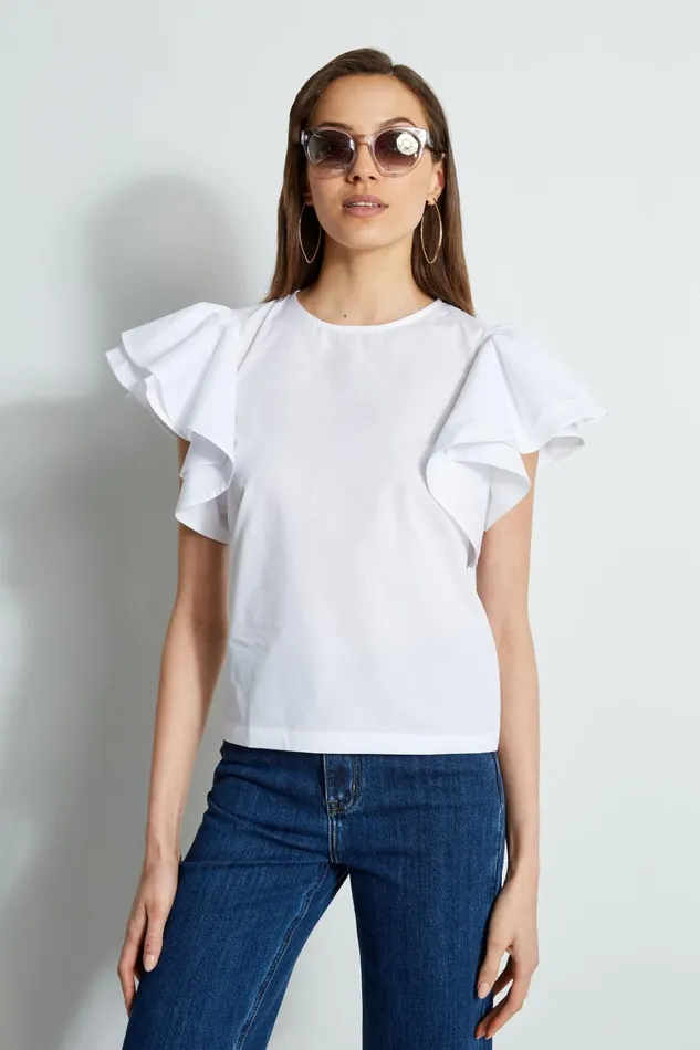 Elie Tahari Tops Tiered Flutter Sleeve Cotton Shirt Sky White 8211 Women