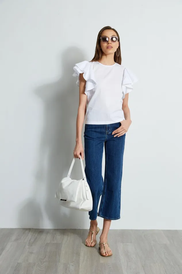 Elie Tahari Tops Tiered Flutter Sleeve Cotton Shirt Sky White 8211 Women
