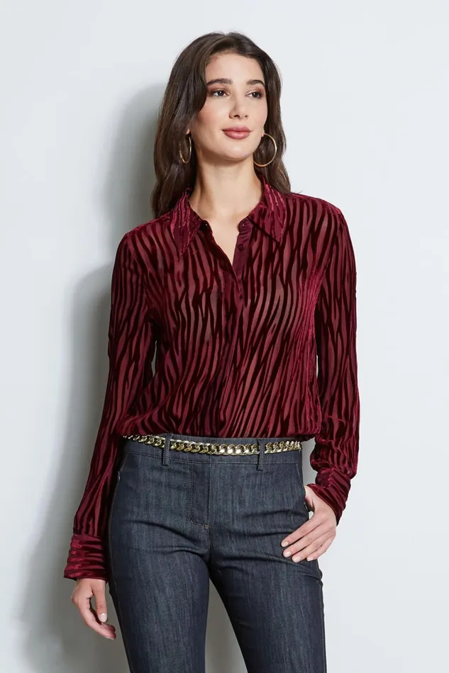 Elie Tahari Tops Zebra Burnout Velvet Shirt Bordeaux 8211 Women