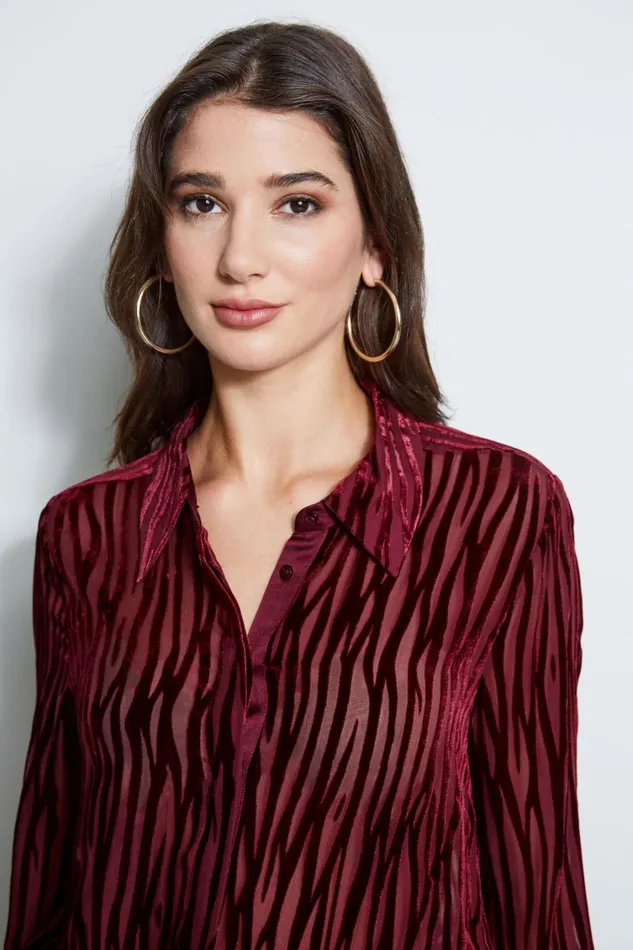Elie Tahari Tops Zebra Burnout Velvet Shirt Bordeaux 8211 Women