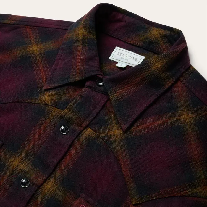 Flannel Shirts Men Stetson Black Wine Plaid Flannel Western Shirt Wine