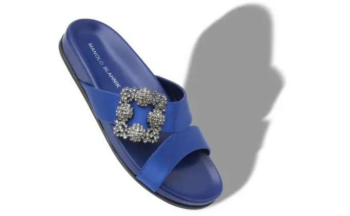 Flats Women Manolo Blahnik CHILANGHIBlue Satin Jewel Buckle Flat Mules