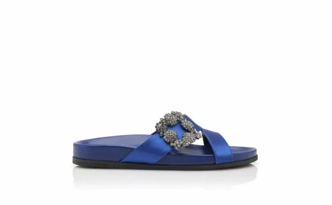 Flats Women Manolo Blahnik CHILANGHIBlue Satin Jewel Buckle Flat Mules Flats Women Manolo Blahnik CHILANGHIBlue Satin Jewel Buckle Flat Mules