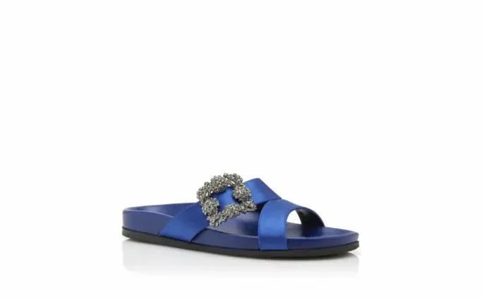 Flats Women Manolo Blahnik CHILANGHIBlue Satin Jewel Buckle Flat Mules Flats Women Manolo Blahnik CHILANGHIBlue Satin Jewel Buckle Flat Mules