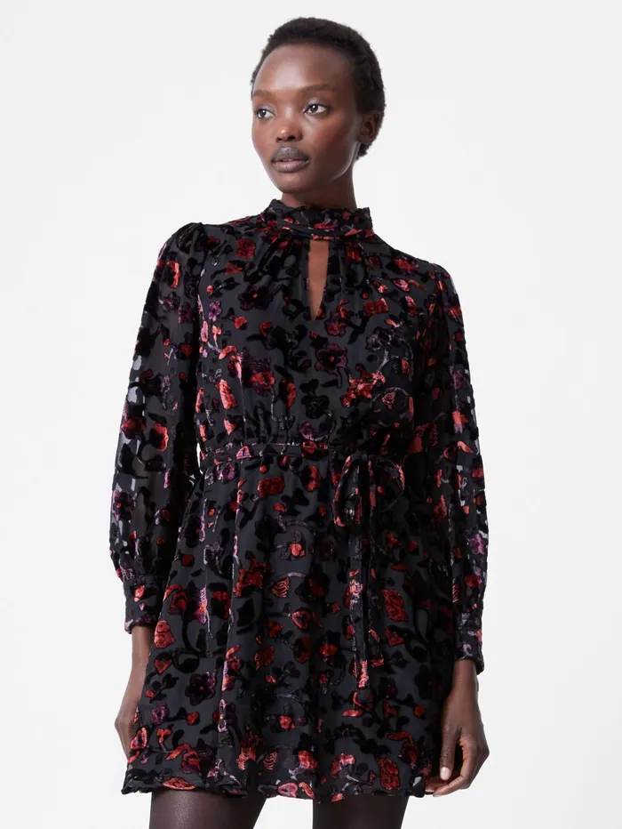 French Connection Avery Devore High Neck Mini Dress S BlackRed Woman Dresses